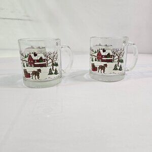 Vintage Libbey USA Christmas Winter Village 12 Oz Glass Mugs Cups - Set of 2